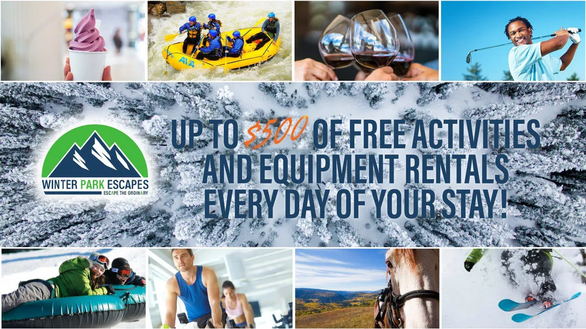 A cozy, adventure-themed interior scene featuring images of guests participating in outdoor activities like rafting, skiing, golfing, and horseback riding, as well as relaxing at a mountain lodge with food and drink. The mood balances excitement and relaxation, underscoring both active pursuits and comfort.