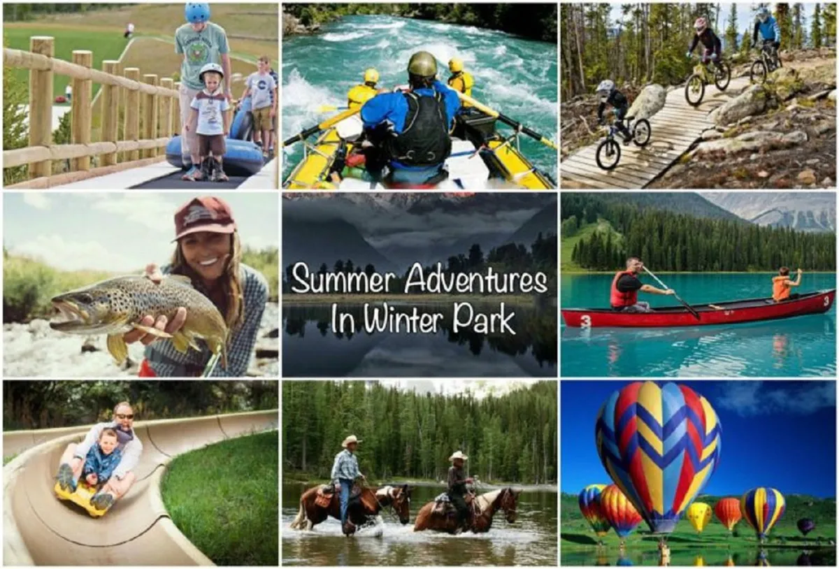A lively outdoor scene showcasing families and guests enjoying a range of local activities: rafting on the river, biking, fishing, horseback riding, tubing, and even hot air ballooning. The composition exudes joyful energy and highlights the diversity of adventures accessible through the concierge program.