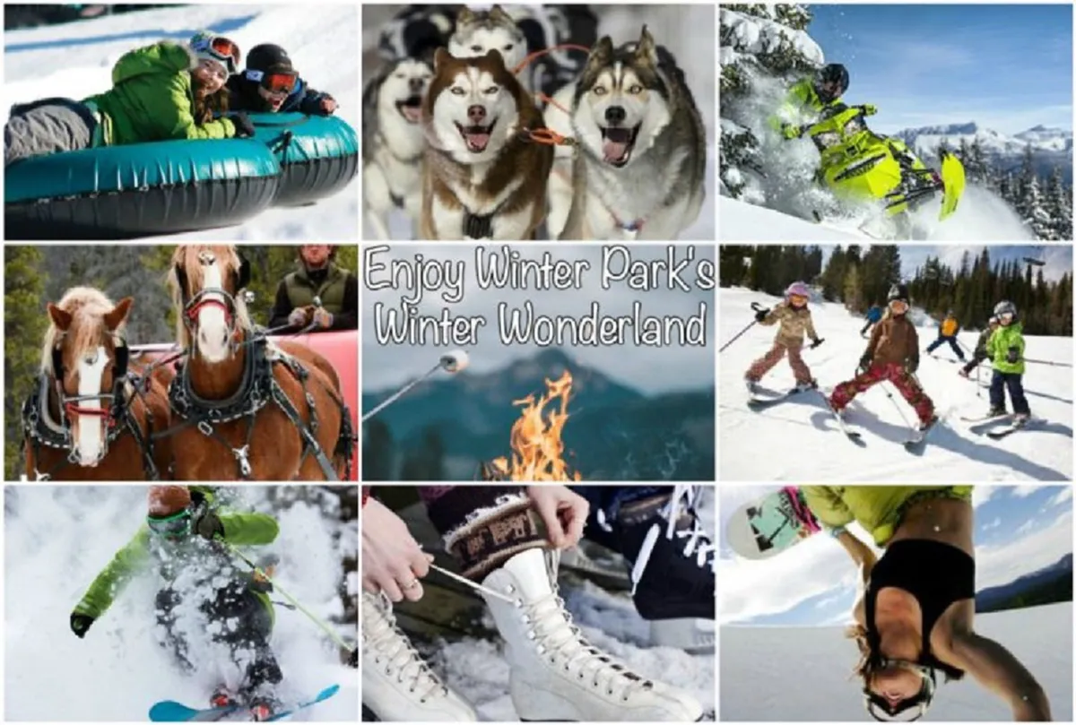 A dynamic winter scene featuring families and children tubing on the snow, a team of huskies ready for dog sledding, snowmobiles, horse-drawn sleds, a cozy outdoor fire, and active children skiing and snowboarding.