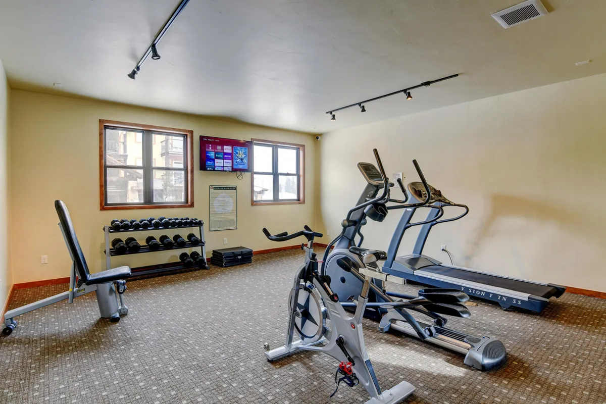 A well-equipped gym with exercise equipment, dumbbells, and a TV screen, ready for personal workouts or group fitness sessions. The space is bright and motivational.