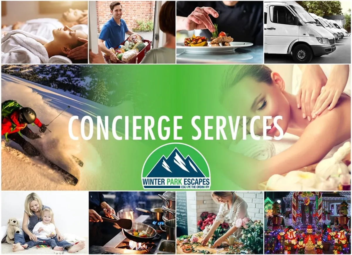 A vibrant collage featuring text about concierge services, along with images depicting various offered experiences such as skiing, spa treatments, family activities, cooking classes, and gourmet dining. The Winter Park Escapes logo is present, creating a clear connection to the property's exclusive service offerings.